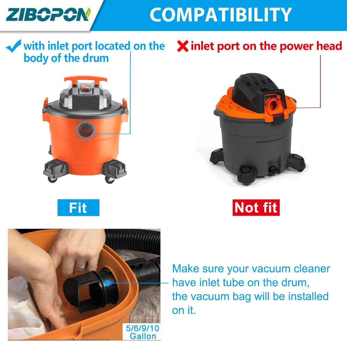 Zibopon VF3503 Vacuum Bags Compatible with Ridgid 5 to 10 Gallon Wet/Dry Vacs, Size B(10 Pack)