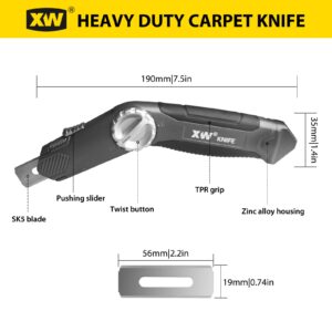 XW Retractable Carpet Knife with Twist-lock Design, Heavy Duty Zinc Alloy Knife with Blade Storage, Extra 5 Blades Included.