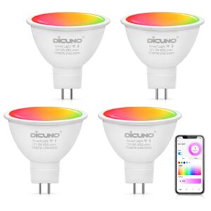 dicuno mr16 smart bulb alexa, rgbcw color changing gu5.3 light bulb compatible with google home, dimmable with app, ac/dc 12v, 110° beam angle 40w 400lm, 2.4ghz wifi, landscape light, 4-pack