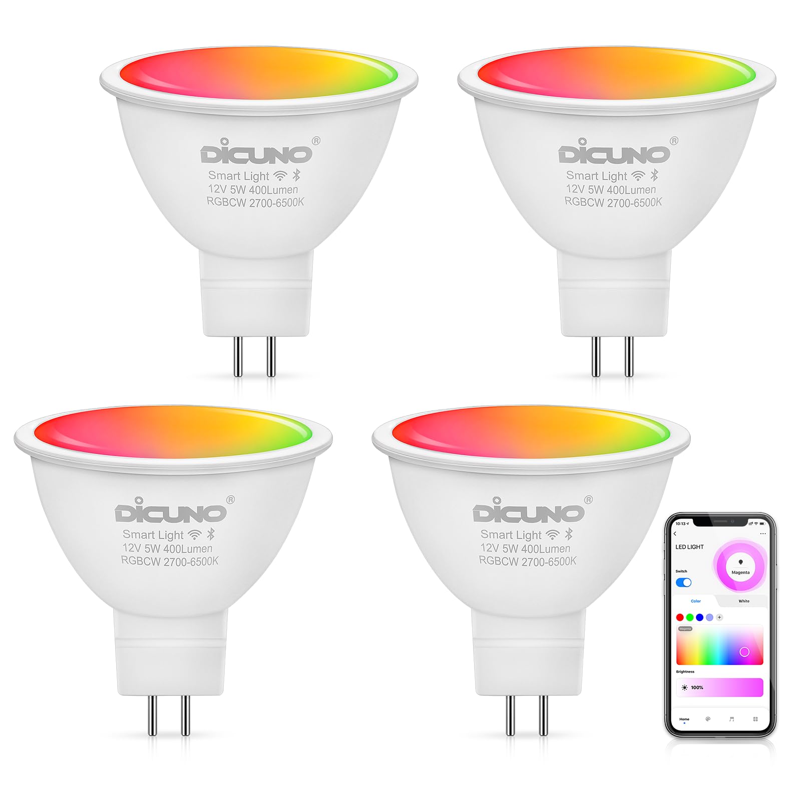 DiCUNO MR16 Smart Bulb Alexa, RGBCW Color Changing GU5.3 Light Bulb Compatible with Google Home, Dimmable with App, AC/DC 12V, 110° Beam Angle 40W 400LM, 2.4GHz WiFi, Landscape Light, 4-Pack