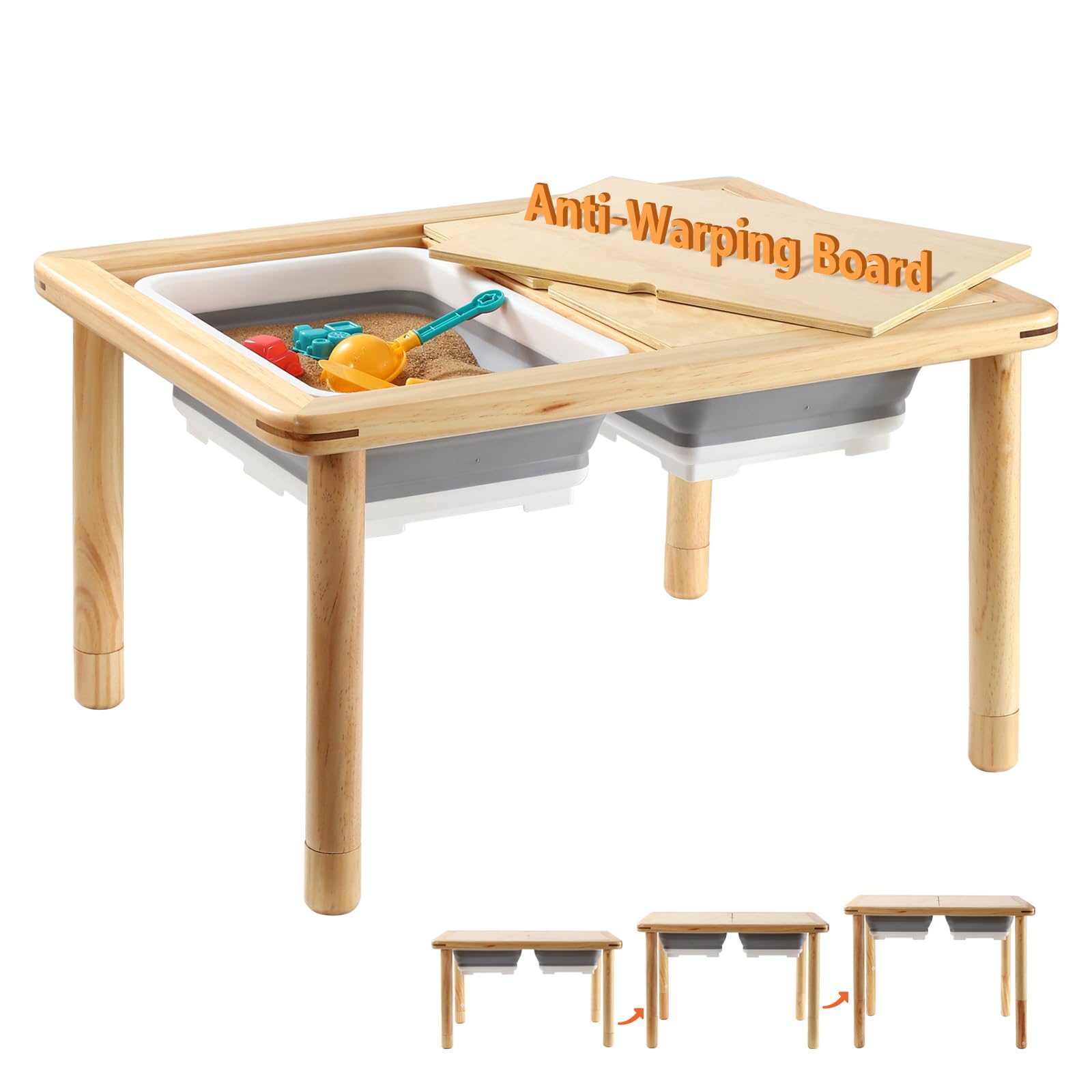 FUNLIO Wooden Sensory Table with 2 Bins for Toddlers 1-5, 3-Level Height Adjustable Kids Sensory Table with Anti-Warping Plywood Lid, Indoor/Outdoor Play Sand and Water Table, CPC Certified