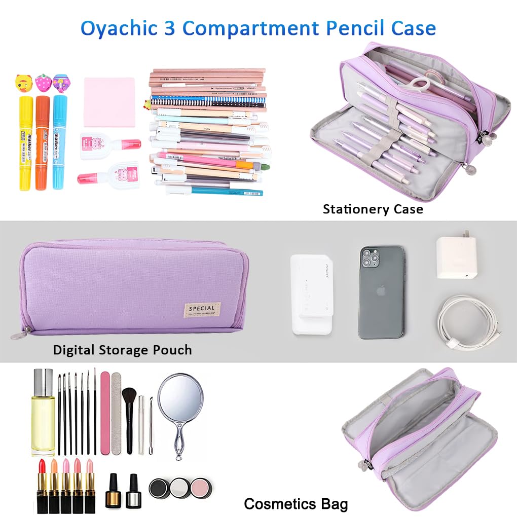 Oyachic Large Pencil Case,3 Compartments Pencil Bag,Big Capacity Canvas Pencil Pouch with Zipper for Aesthetic Business Office Supplies