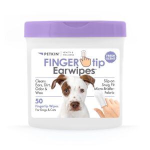 petkin fingertip ear wipes for dogs and cats, 50 finger wipes - slip-on, snug fit, micro-bristle fabric - cleans ears, dirt, odor and wax - convenient, ideal for home and travel - fresh scent