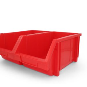 DJC Supply Heavy duty thermoplastic storage bin organizer, Stackable, Hangable, Side-connect (RED (2 PACK), LARGE V2 8.4" X 14.5" X 6.9")