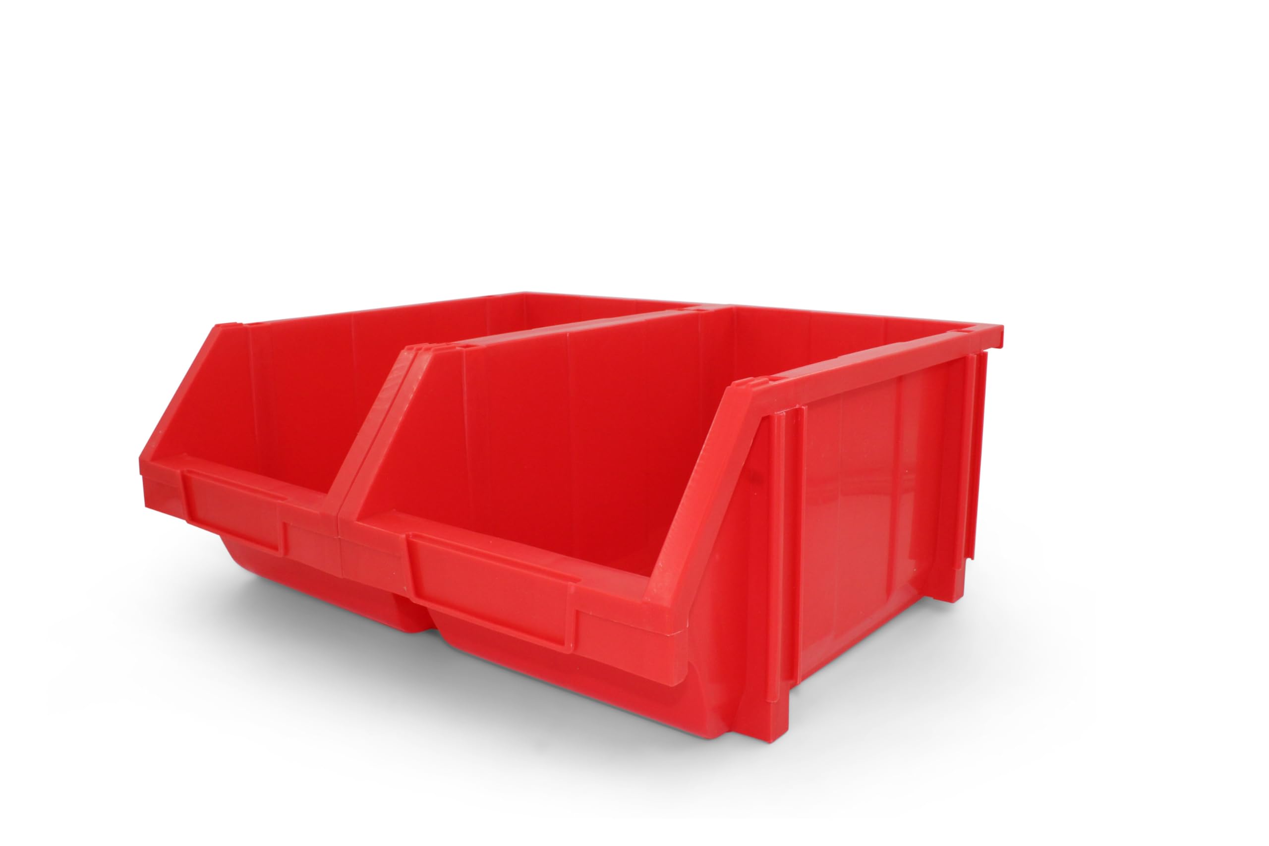 DJC Supply Heavy duty thermoplastic storage bin organizer, Stackable, Hangable, Side-connect (RED (2 PACK), LARGE V2 8.4" X 14.5" X 6.9")