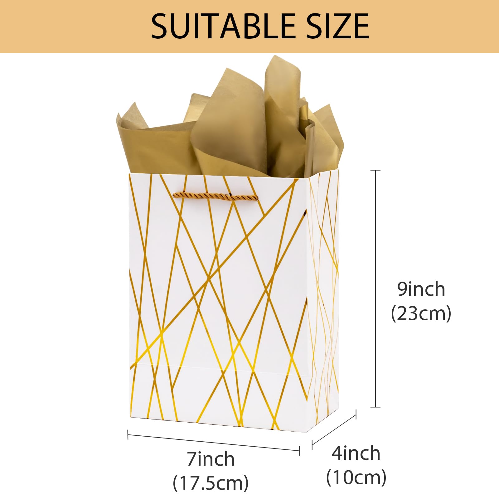 Nihuecne 9" Gift Bags Medium Size with Tissue Paper, 4 Pack White Gold Wrap Paper Gift Bags with Handles for Shopping Parties Wedding Baby Shower Holiday Presents 4 Designs