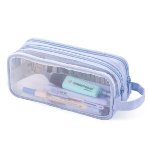 oyachic 2 compartment pencil case clear mesh pen pouch grid makeup cosmetics bag transparent marker organizer office business travel adults,blue