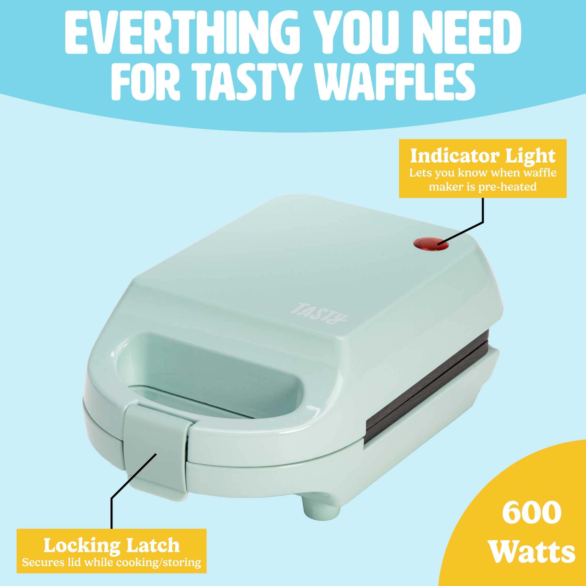 Tasty Mini Nonstick Waffle Maker, Perfect for Individual Waffles, Hash Browns, Brownies and more, Quick Results, Easy Clean Up, 600W, Aqua