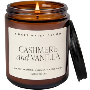 sweet water decor cashmere and vanilla soy candle | milky coconut, frangipani, and soft cashmere scented candles for home | 9oz amber jar + black lid, 40+ hour burn time, made in the usa