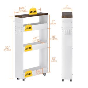 CHLORYARD Slim Storage Cart, 4-Tier Kitchen Rolling Cart Narrow Storage Cabinet with Handle & Wood Top, Metal Rolling Shelf Unit for Kitchen Bathroom Laundry Small Places(5 in Width/White & Brown)