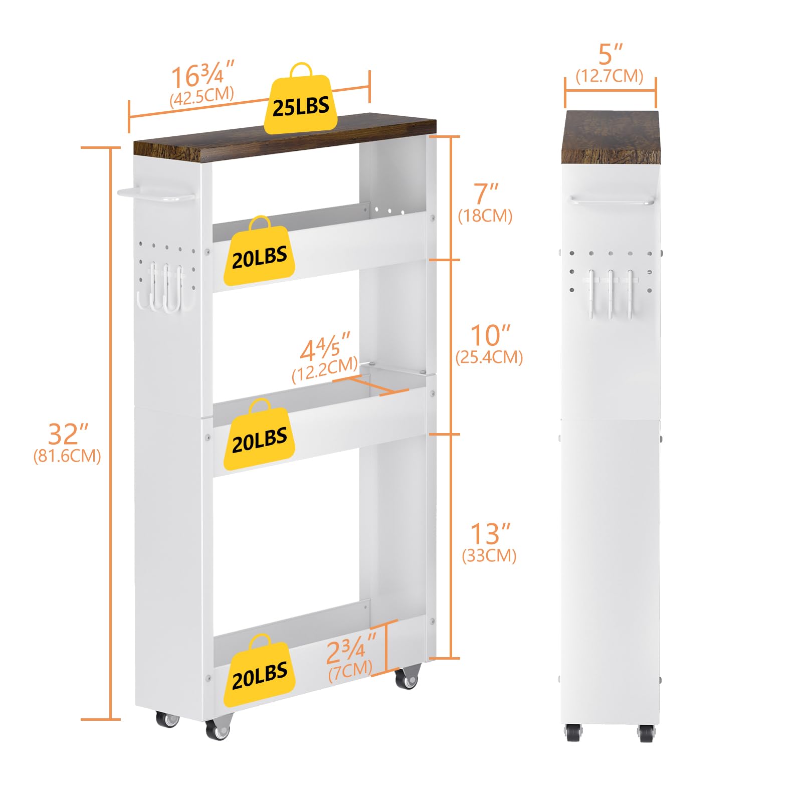 CHLORYARD Slim Storage Cart, 4-Tier Kitchen Rolling Cart Narrow Storage Cabinet with Handle & Wood Top, Metal Rolling Shelf Unit for Kitchen Bathroom Laundry Small Places(5 in Width/White & Brown)