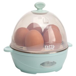 tasty mini rapid egg cooker, 5-egg capacity for perfect hard boiled eggs or omelets, auto shut off, aqua