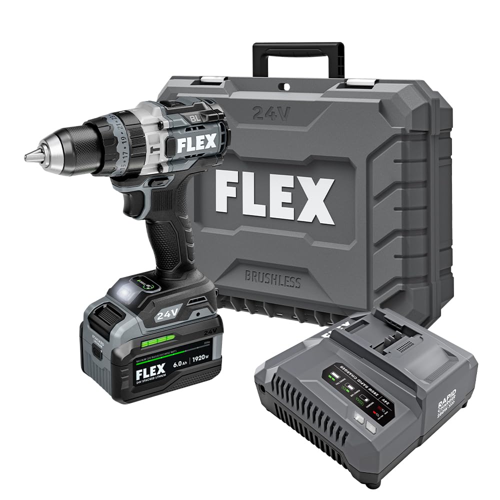 FLEX 24V Brushless Cordless 1/2-Inch 1,400 In-Lbs Torque 2-Speed Hammer Drill Turbo Mode Kit with 6.0Ah Stacked Lithium Battery and 280W Rapid Charger - FX1271T-1H