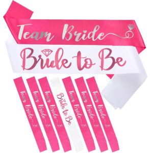 bride to be sash, bride sash bachelorette party, hot pink bride sash set, 1 white bride to be sash and hot pink 6 team bride sashes bachelorette sash with folil silver letter bridesmaid sashes for