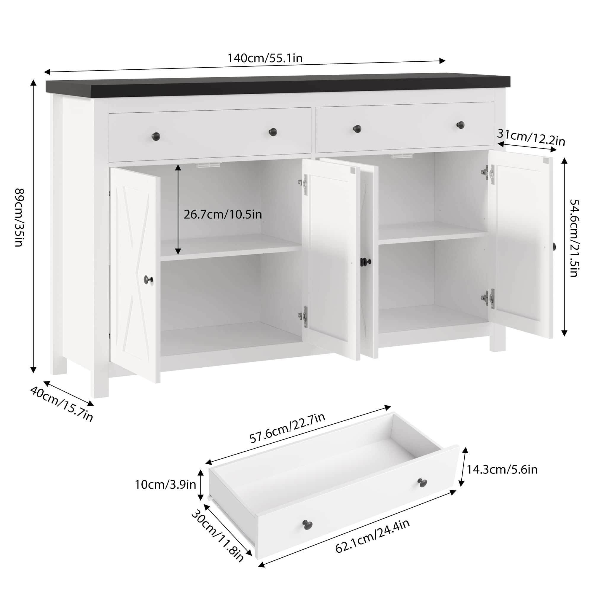 FOTOSOK Sideboard Buffet Cabinet with Storage, 55" Large Kitchen Storage Cabinet with 2 Drawers and 4 Doors, Wood Coffee Bar Cabinet Buffet Table for Kitchen Dining Room, White and Black