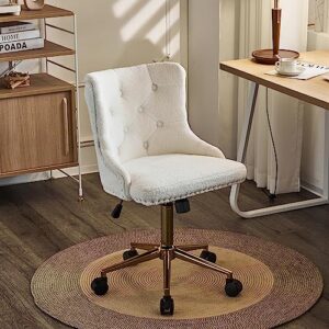 vingli white teddy fleece armless office desk chair with gold base/wheels, cute vanity/makeup chair with back for bedroom, upholstered adjustable rolling swivel nail chair for women/girls