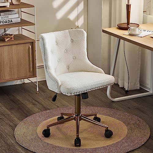 VINGLI White Teddy Fleece Armless Office Desk Chair with Gold Base/Wheels, Cute Vanity/Makeup Chair with Back for Bedroom, Upholstered Adjustable Rolling Swivel Nail Chair for Women/Girls