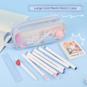 Oyachic 2 Compartment Pencil Case Clear Mesh Pen Pouch Grid Makeup Cosmetics Bag Transparent Marker Organizer Office Business Travel Adults,blue