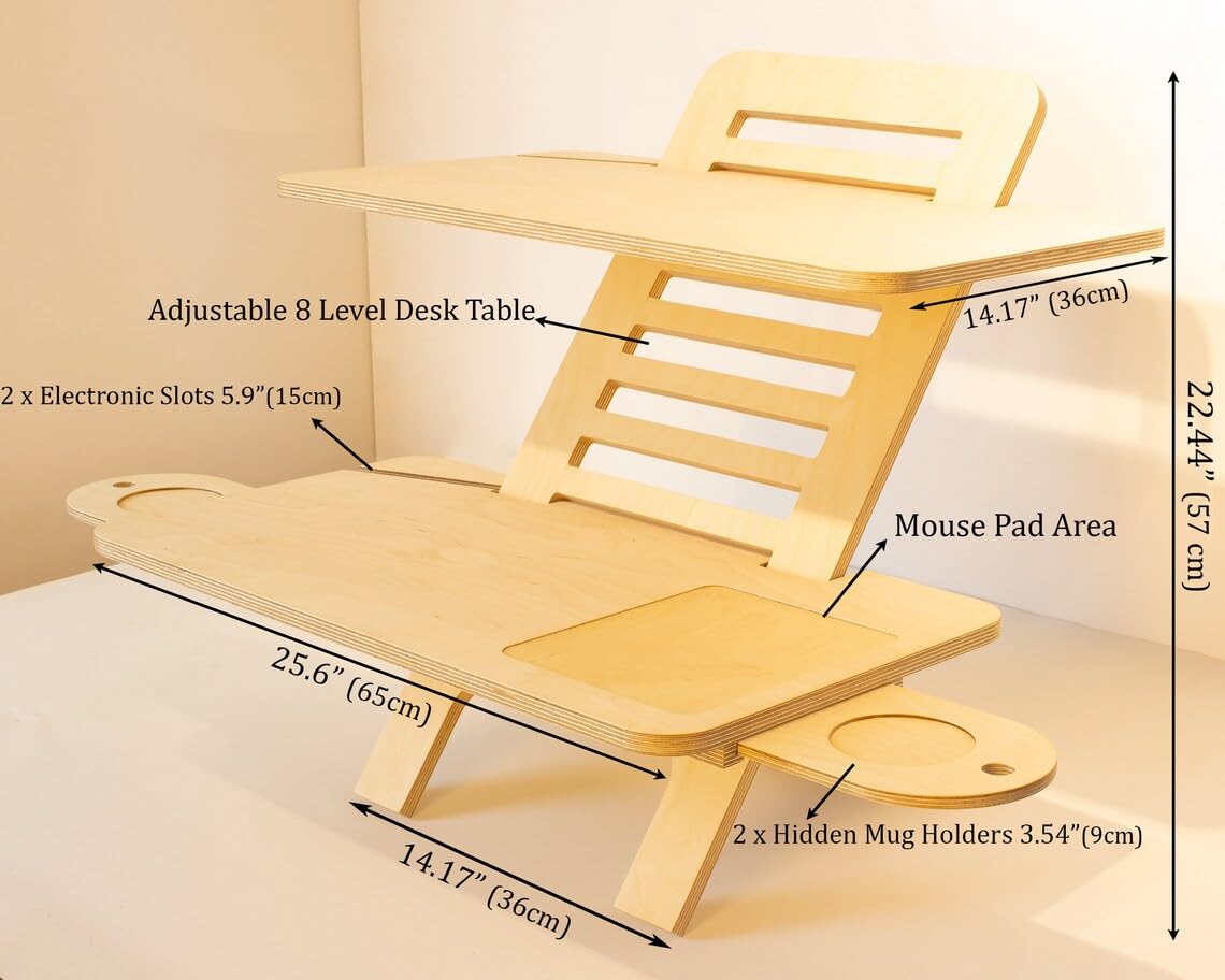 WOODCHES Adjustable Jumbo Wood Laptop Stand, Standing Desk Converter, Workstation Deskstand, Handmade Birch Plywood Tabletop, Home Office