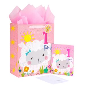 lezakaa 1st birthday gift bag, 13" pink glitter gift bag with tissue paper, gift tag and card - little sheep design for girl, kids, child birthday