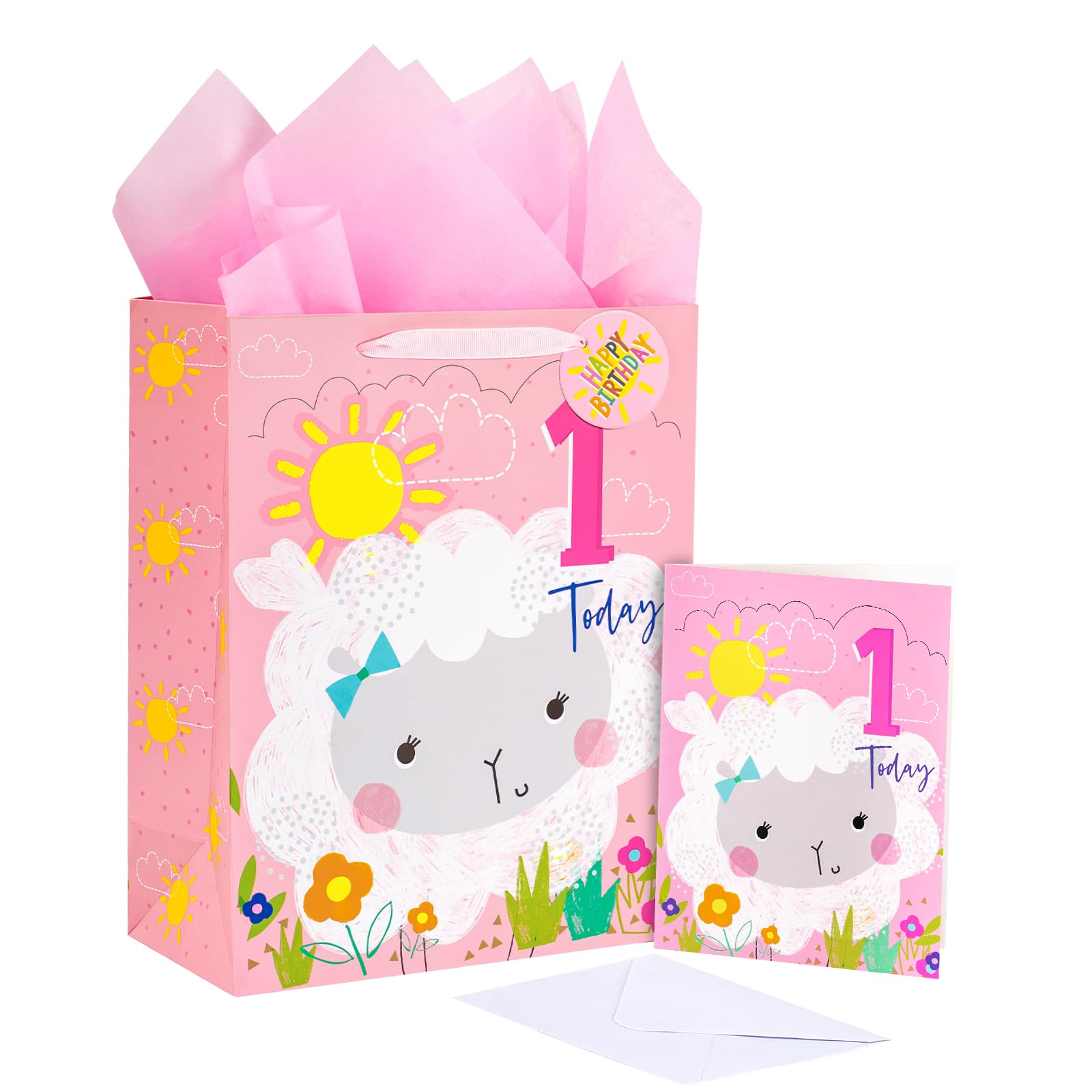 LeZakaa 1st Birthday Gift Bag, 13" Pink Glitter Gift Bag with Tissue Paper, Gift Tag and Card - Little Sheep Design for Girl, Kids, Child Birthday