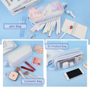 Oyachic 2 Compartment Pencil Case Clear Mesh Pen Pouch Grid Makeup Cosmetics Bag Transparent Marker Organizer Office Business Travel Adults,blue