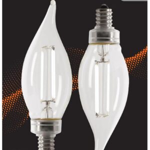 Feit Electric BPCFC60927CAWFIL/2 Soft White Flame Tip Exposed White Filament LED Bulb, Box of 2 Bulbs; 5.5W; 60W Equivalent; E12 Base; 2700K; 90 CRI; 500 Lumen; Glass Lens; 15000 Life Hours