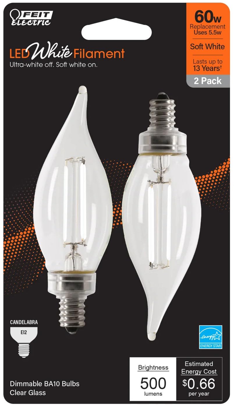 Feit Electric BPCFC60927CAWFIL/2 Soft White Flame Tip Exposed White Filament LED Bulb, Box of 2 Bulbs; 5.5W; 60W Equivalent; E12 Base; 2700K; 90 CRI; 500 Lumen; Glass Lens; 15000 Life Hours