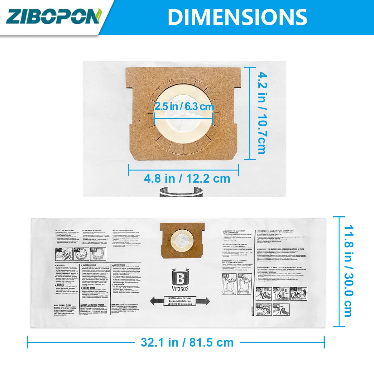 Zibopon VF3503 Vacuum Bags Compatible with Ridgid 5 to 10 Gallon Wet/Dry Vacs, Size B(10 Pack)