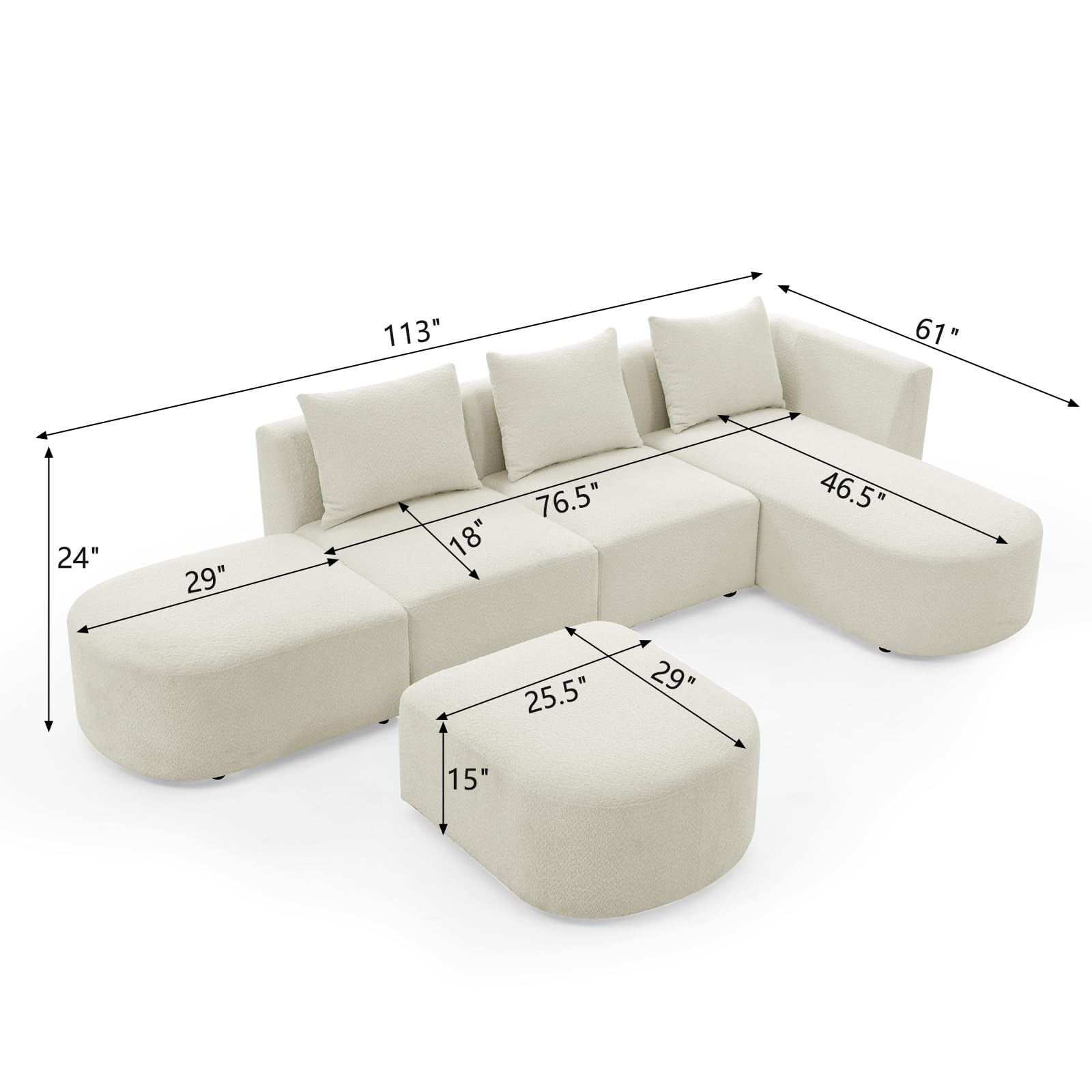 KIVENJAJA Modular Sectional Sofa, Boucle L-Shaped Couch with Right Facing Chaise, Ottoman & Pillows, Modern Minimalist Sherpa Comfy Cloud Couches for Living Room Apartment, 113 inch, Beige