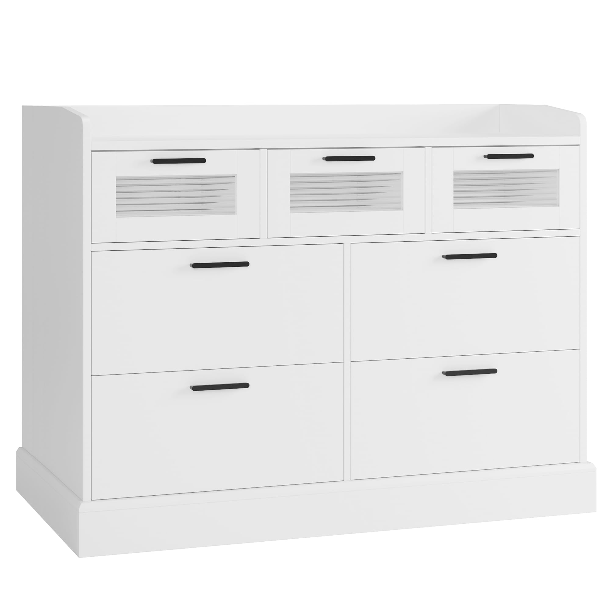 HOSTACK Modern 7 Drawer Dresser, White Dressser Chest of Drawers with Deep Drawers, Wide Wooden Dresser with Fluted Glass & Anti-Drop Fence for Living Room, Hallway, White