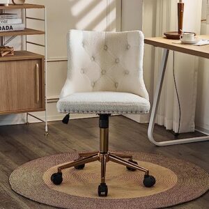 VINGLI White Teddy Fleece Armless Office Desk Chair with Gold Base/Wheels, Cute Vanity/Makeup Chair with Back for Bedroom, Upholstered Adjustable Rolling Swivel Nail Chair for Women/Girls