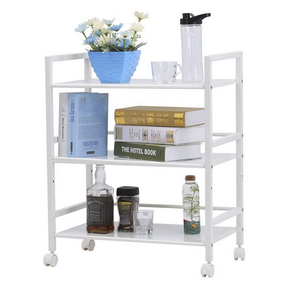 3-Tier Metal Storage Rack with Wheels - Heavy Duty Shelving Unit with Hooks - Microwave Stand Kitchen Rolling Cart - Garage Storage Rack - Multipurpose Utility Cart for Home Office Use - Ivory White