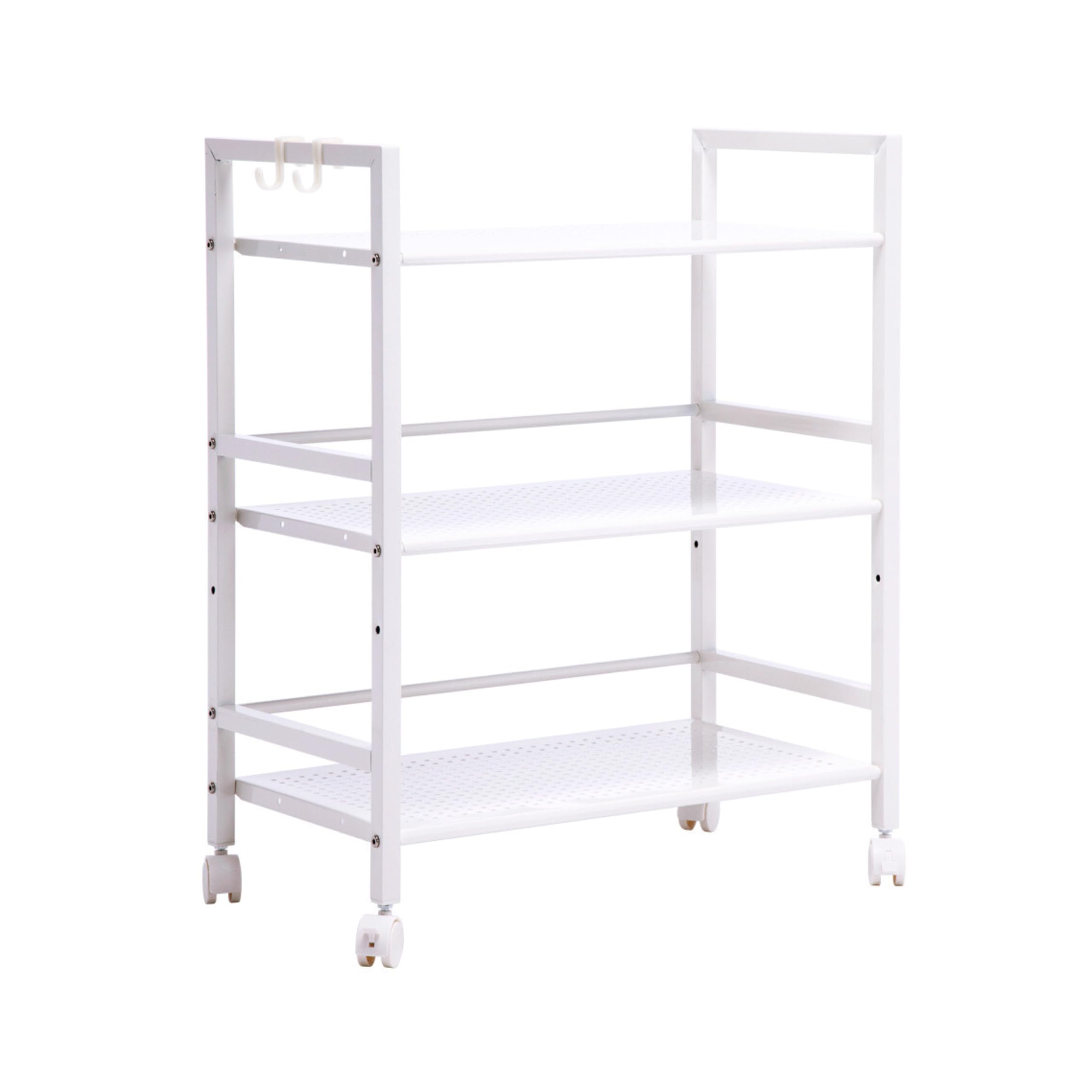 3-Tier Metal Storage Rack with Wheels - Heavy Duty Shelving Unit with Hooks - Microwave Stand Kitchen Rolling Cart - Garage Storage Rack - Multipurpose Utility Cart for Home Office Use - Ivory White