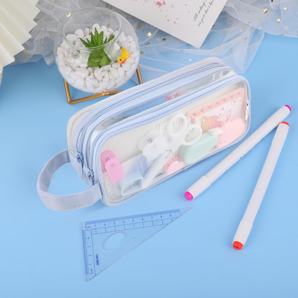 Oyachic 2 Compartment Pencil Case Clear Mesh Pen Pouch Grid Makeup Cosmetics Bag Transparent Marker Organizer Office Business Travel Adults,blue