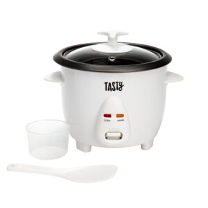 tasty mini rice cooker with removable nonstick bowl and auto keep warm function, great for soups, stews, grains and oats, 6 cups cooked (3 cups uncooked), 1.5-quart, white