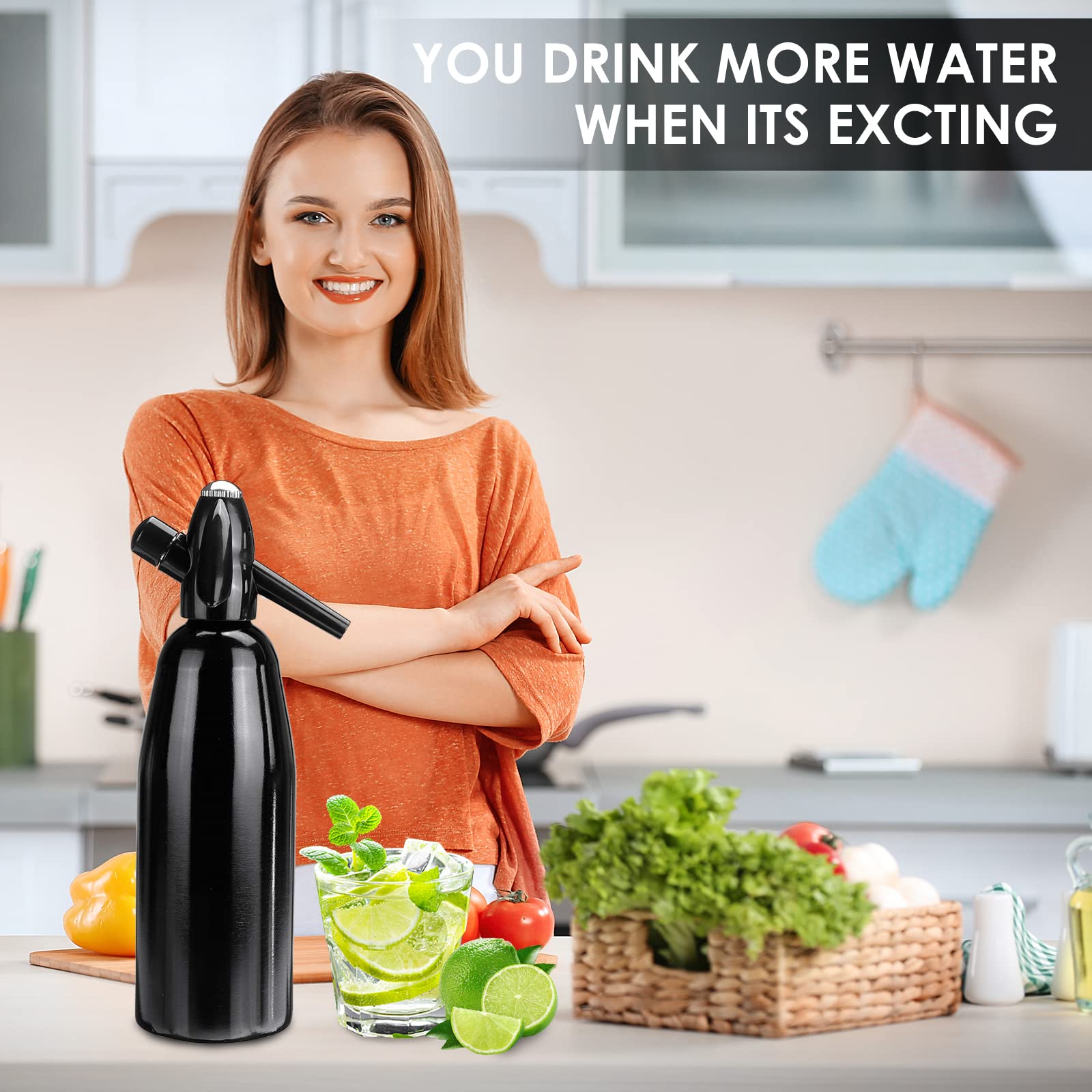 Sparkling Water Maker, 1L Soda Streaming Machine, Aluminum Sodastream Soda Makers for Home, Portable Water Maker for Soda Water, Cocktails or Soda Water, 8 gram CO2 Cartridges(Not Included)