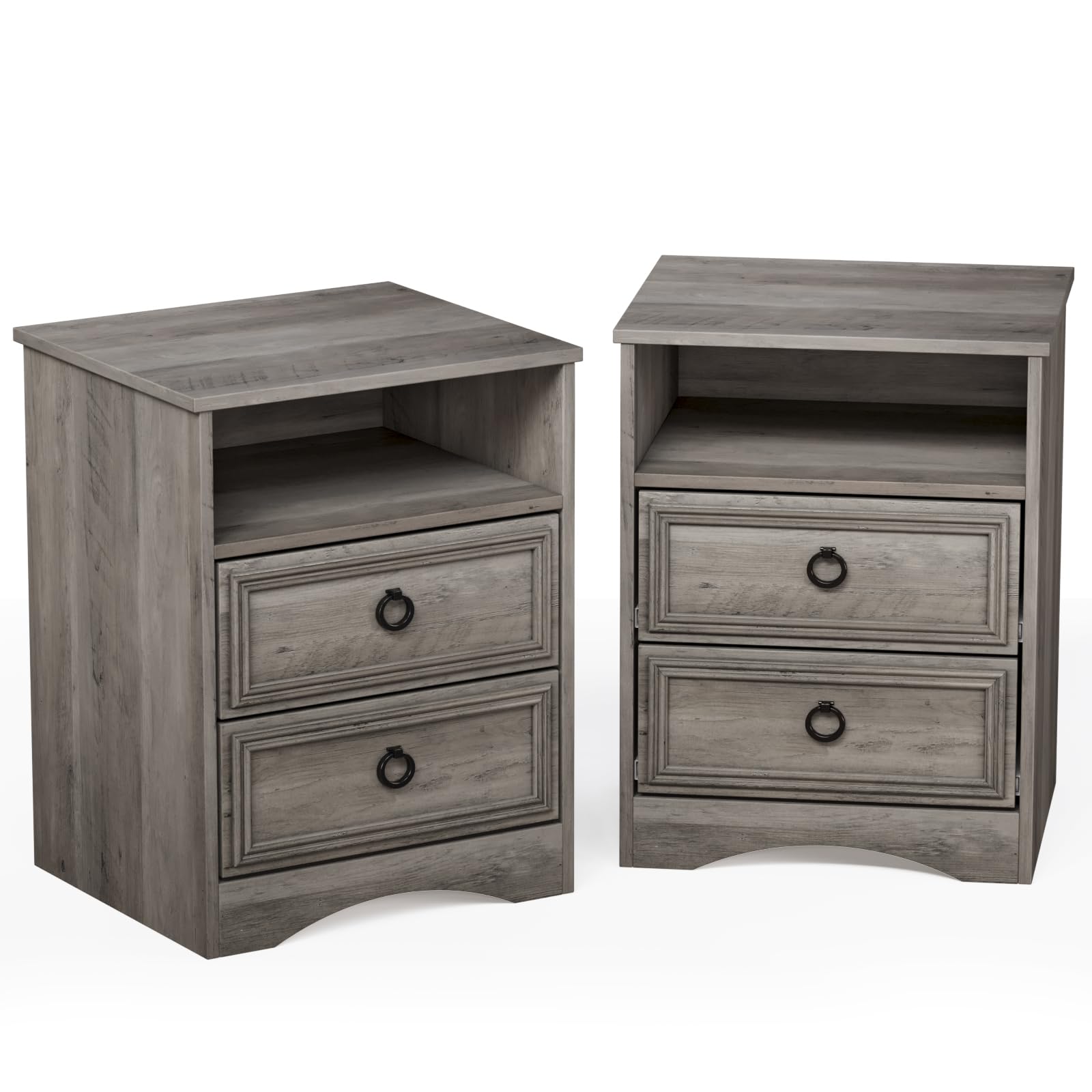 HolliWill Nightstand Set of 2, Night Stand with Drawers, Accent Bed Side Table and End Table with Open Storage for Bedroom, Living Room,Gray