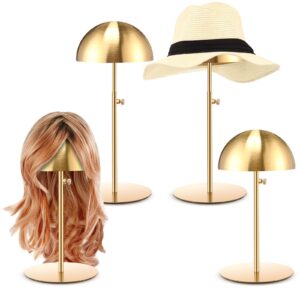 sintuff 4 pcs hat display stand 7.9-15.7inch adjustable hat holder wigs head stand anti rust non slip stable stainless steel metal hat rack for hat storage wig styling practice (gold,round base)