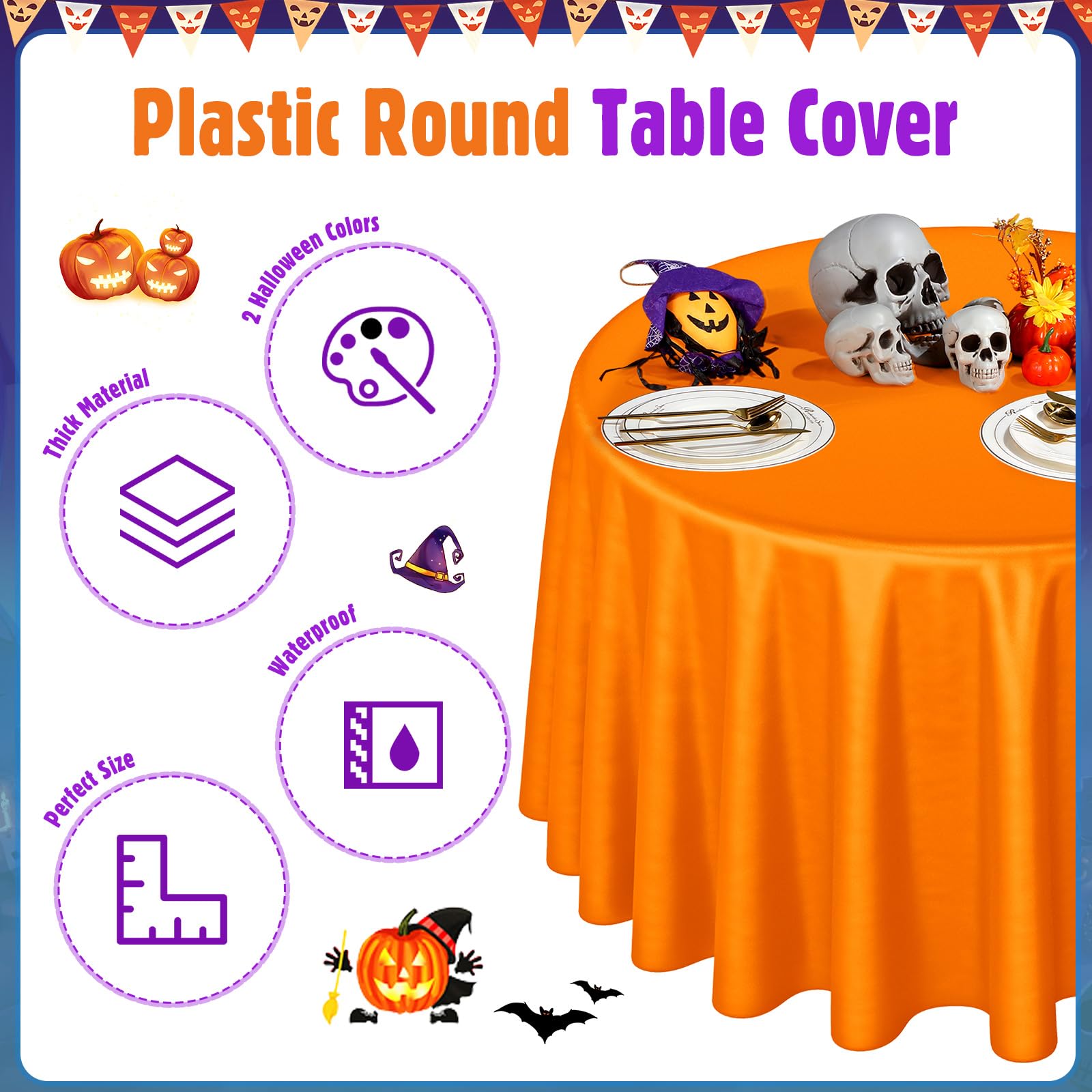 Preboun 12 Pcs Halloween Plastic Tablecloth Orange Black Round Waterproof Disposable Table Cover Round Table Cloths Circle Party Tablecovers for Dining Buffet Outdoor Camping Picnic, 83.86 Inch