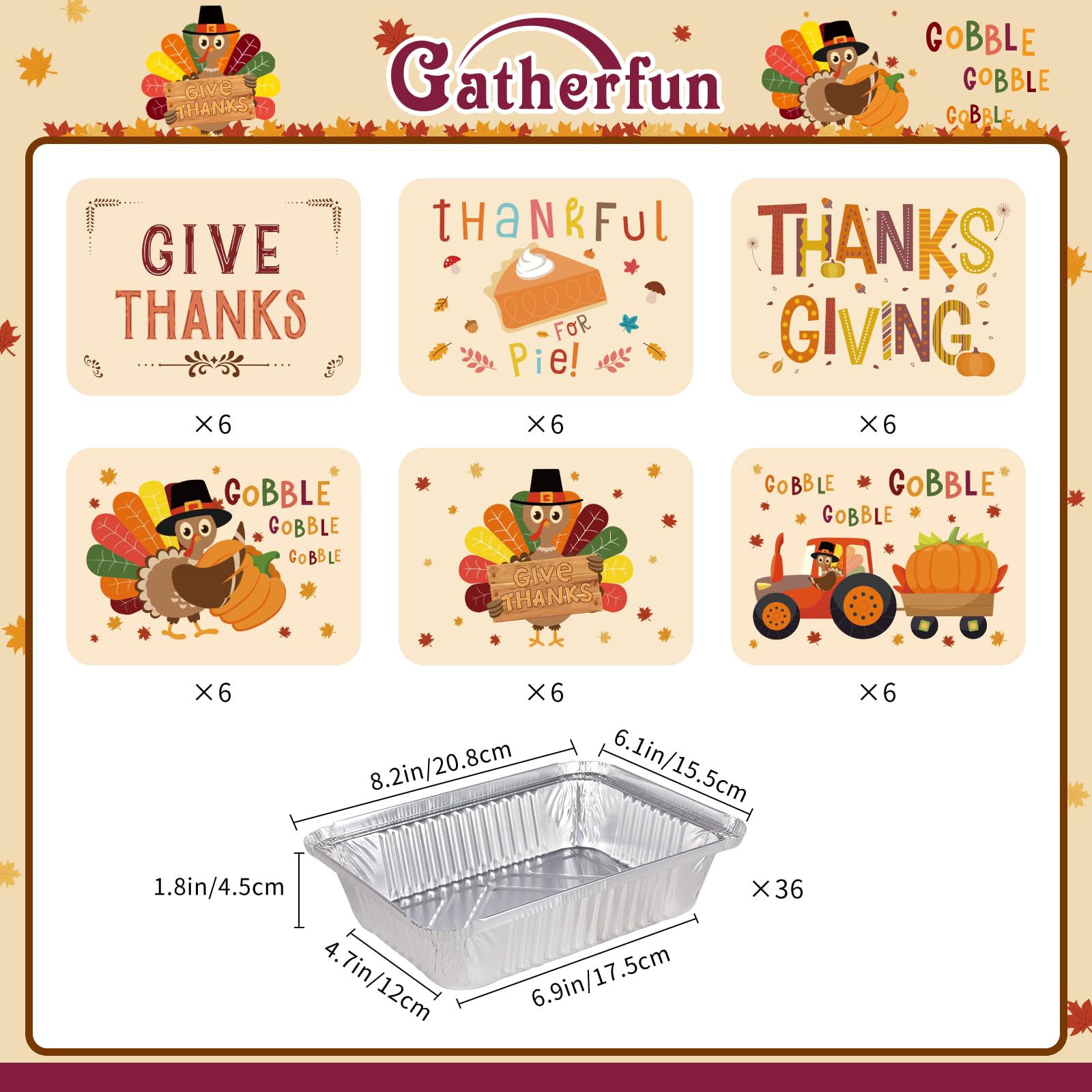 36-Pack Premium Thanksgiving Leftover Containers with Lids - Durable & Leak-Proof, 6.1"W X 8.2"L X 1.8"H,Thanksgiving Aluminum Foil Containers Perfect for Fall Party Leftovers & To-Go Meals