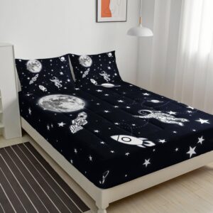 Datura home Fitted Mattress Pad Set for Girls Kids,Astronaut Moon Rocket Printed Kids' Mattress Pads Cover with 1 Quilted Fitted Sheet & 2 Pillowcases(Astronaut Twin)