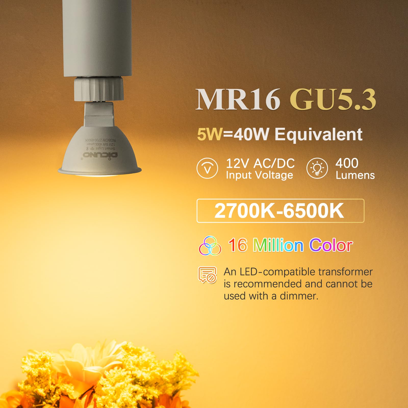 DiCUNO MR16 Smart Bulb Alexa, RGBCW Color Changing GU5.3 Light Bulb Compatible with Google Home, Dimmable with App, AC/DC 12V, 110° Beam Angle 40W 400LM, 2.4GHz WiFi, Landscape Light, 4-Pack