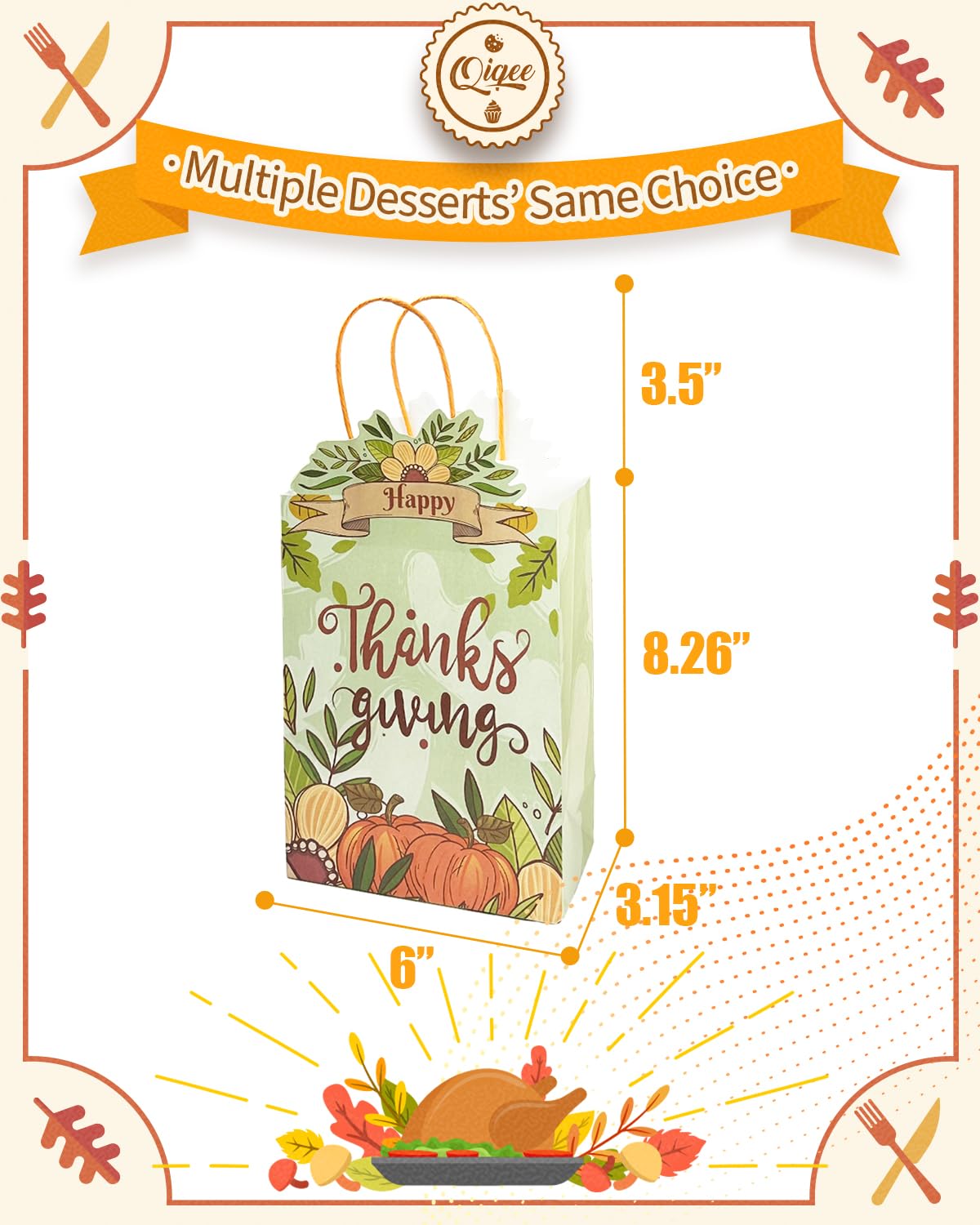 qiqee 24-Packs Thanksgiving Paper Gift Bags with Handles Bulk 8.26×6×3.15 Inch Pumpkin Gift Bags Multiple Uses (Small Size)