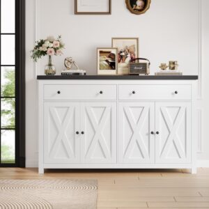 FOTOSOK Sideboard Buffet Cabinet with Storage, 55" Large Kitchen Storage Cabinet with 2 Drawers and 4 Doors, Wood Coffee Bar Cabinet Buffet Table for Kitchen Dining Room, White and Black