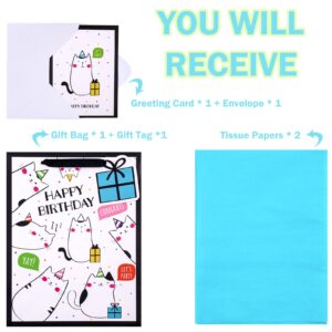 WRAPAHOLIC 13" Large Birthday Gift Bag with Card and Tissue Paper - Adorable Cat Design Happy Birthday