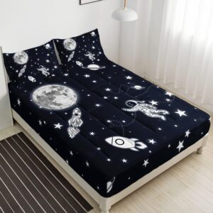 Datura home Fitted Mattress Pad Set for Girls Kids,Astronaut Moon Rocket Printed Kids' Mattress Pads Cover with 1 Quilted Fitted Sheet & 2 Pillowcases(Astronaut Twin)