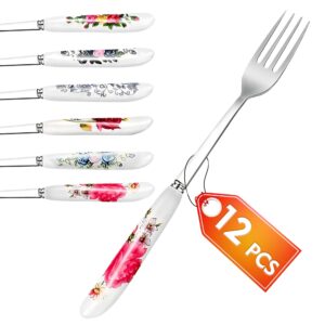 12pcs stainless steel forks silverware set - reusable silverware dinner forks for restaurant ceramic long handle fork cutlery set - dessert forks and spoons for home kitchen silverware forks set