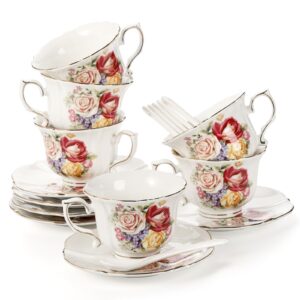 pumtus 6 pack tea cups and saucers, 8 oz floral ceramic coffee cup set with spoon, vintage rose british teacups with gold trim, cappuccino mug for latte mocha espresso for tea party, cafe