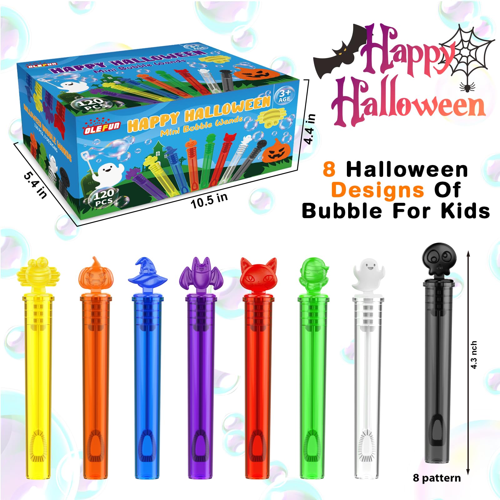 OleFun 120Pcs Halloween Bubble Wands in 8 Designs, Bulk Halloween Party Favors for Kids, Ideal Halloween Goodie Bag Stuffers, Treat Bags Fillers, School Classroom Prizes